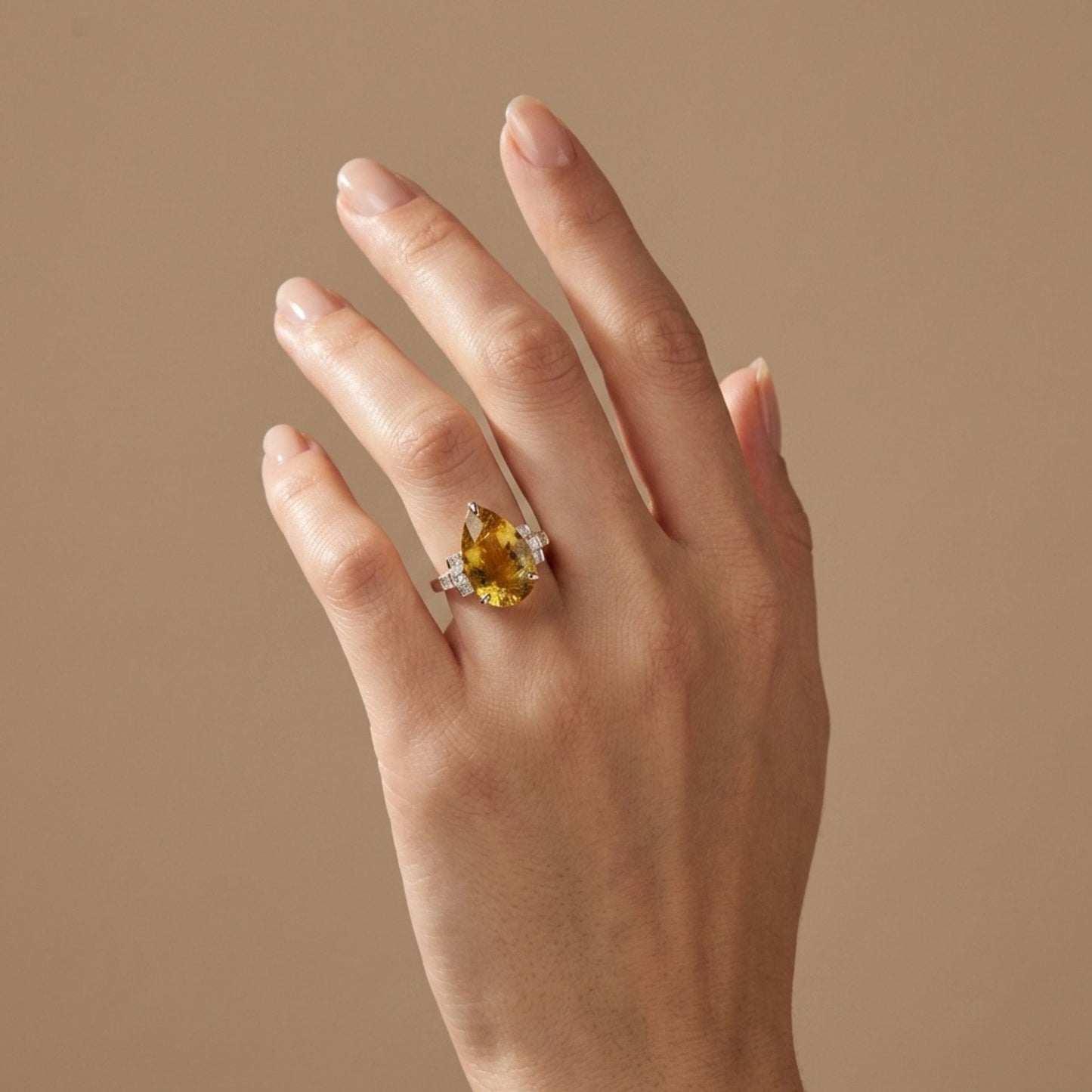 14K 4.77ct Pear Shape Yellow Congo Tourmaline 0.37cttw VS White Diamonds Ring
