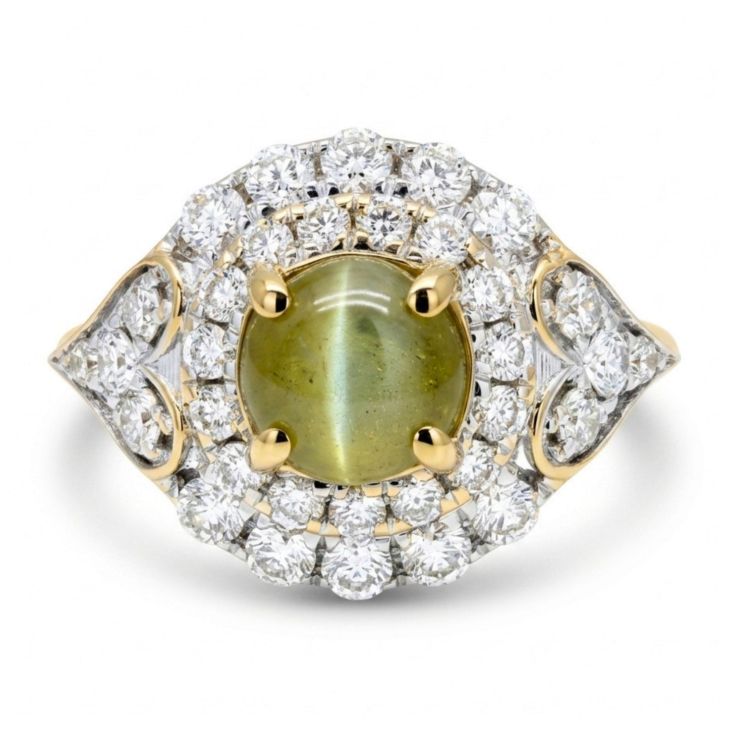 14K 1.04ct Round Cat's Eye Chrysoberyl 0.56cttw VS White Diamonds Ring