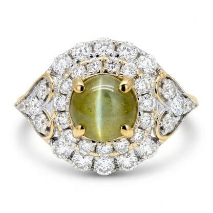 14K 1.04ct Round Cat's Eye Chrysoberyl 0.56cttw VS White Diamonds Ring