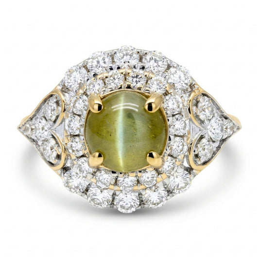 14K 1.04ct Round Cat's Eye Chrysoberyl 0.56cttw VS White Diamonds Ring