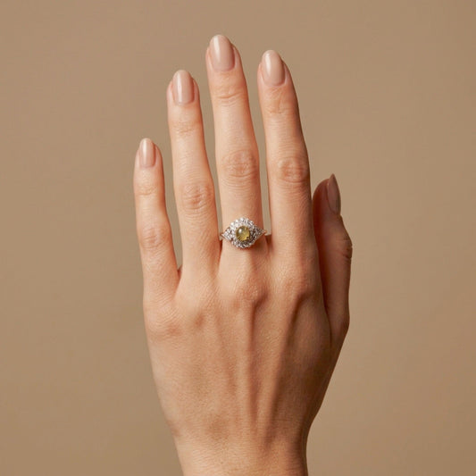 14K 1.04ct Round Cat's Eye Chrysoberyl 0.56cttw VS White Diamonds Ring
