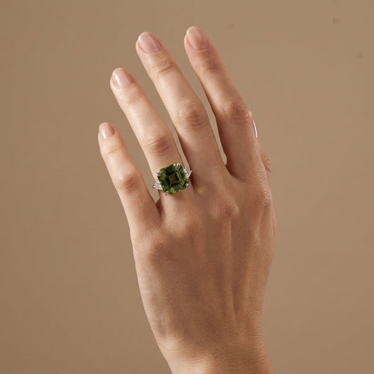 14K 13.38ct Asscher Cut Apple Green Tourmaline 0.23cttw Fancy Cut White Diamond Ring