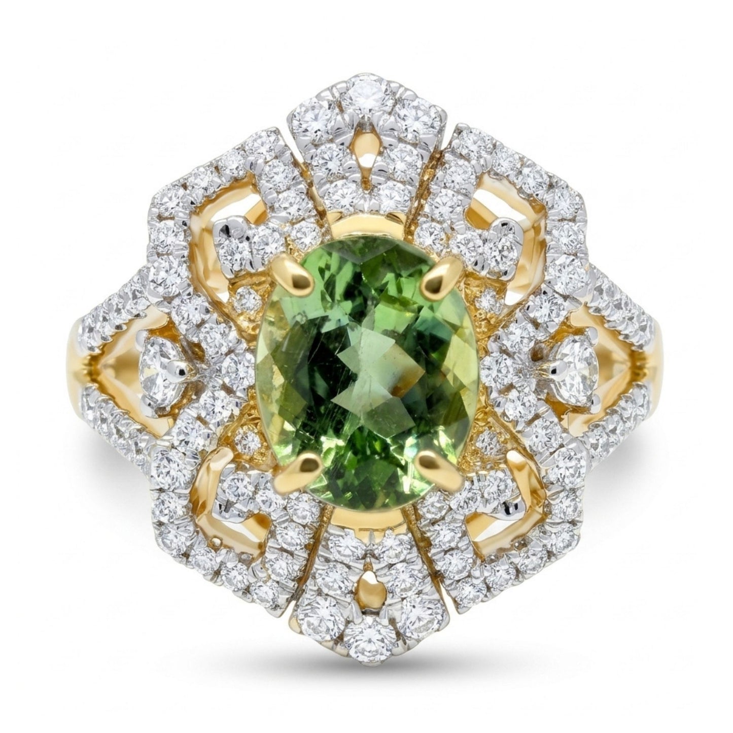 14K 1.23ct Oval Green Paraiba 0.58cttw VS White Diamonds Ring