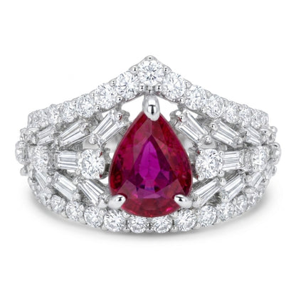 18K 1.05ct Pear Shape Unheated Ruby 1.24cttw VS White Diamonds Ring