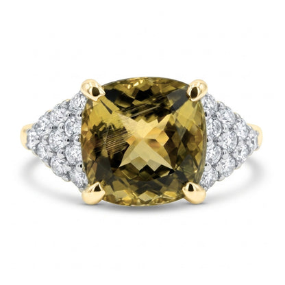 14K 3.74ct Cushion Unheated Golden Zoisite 0.42cttw VS White Diamonds Ring