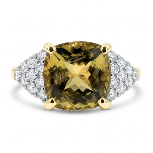14K 3.74ct Cushion Unheated Golden Zoisite 0.42cttw VS White Diamonds Ring