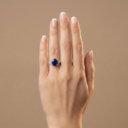 14K 3.94ct Oval Blue Sapphire 0.42cttw VS White Diamonds Ring