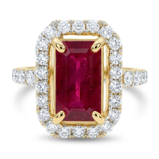 14K 2.11ct Emerald Cut Burma Ruby 0.73cttw VS White Diamonds Ring
