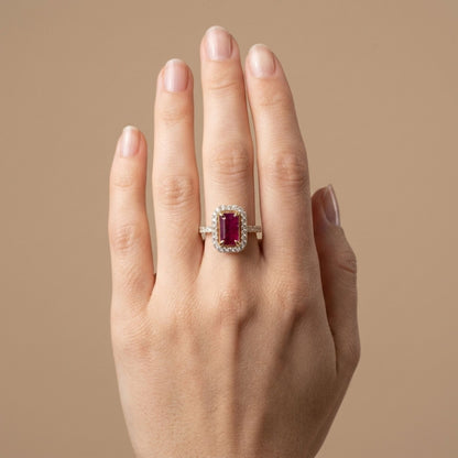 14K 2.11ct Emerald Cut Burma Ruby 0.73cttw VS White Diamonds Ring