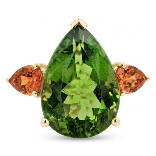 18K 11.39ct Oval Green Paraiba 1.53cttw Pear Shape Mandarin Garnet Ring
