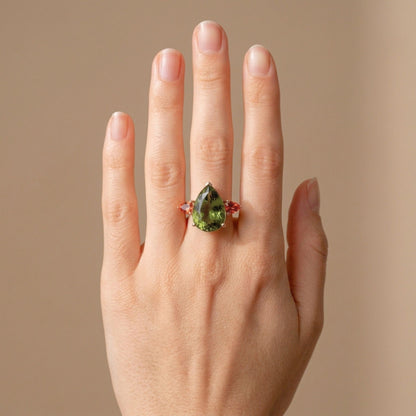 18K 11.39ct Oval Green Paraiba 1.53cttw Pear Shape Mandarin Garnet Ring