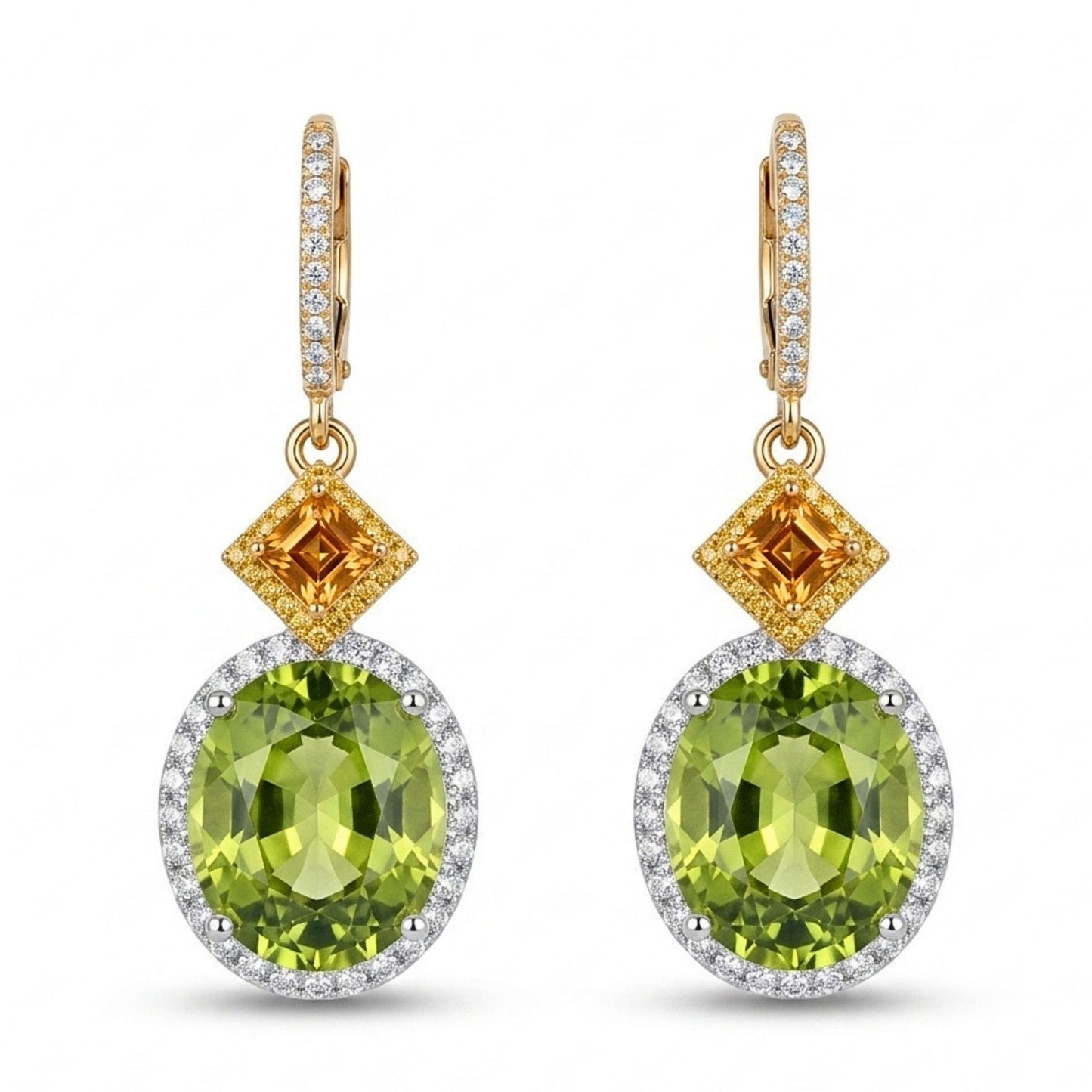 18K 20.41ct Oval Green Paraiba 1.63cttw Asscher Cut Mandarin Garnet 1.14cttw Yellow & White Diamonds Drop Earrings