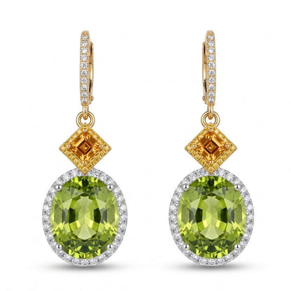 18K 20.41ct Oval Green Paraiba 1.63cttw Asscher Cut Mandarin Garnet 1.14cttw Yellow & White Diamonds Drop Earrings