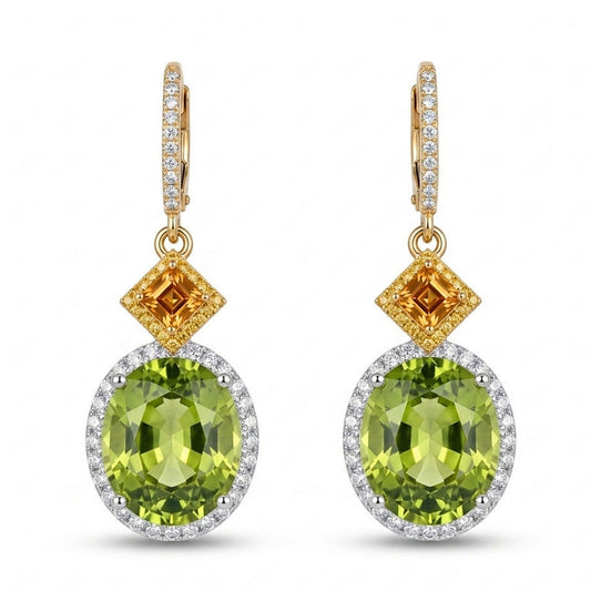 18K 20.41ct Oval Green Paraiba 1.63cttw Asscher Cut Mandarin Garnet 1.14cttw Yellow & White Diamonds Drop Earrings