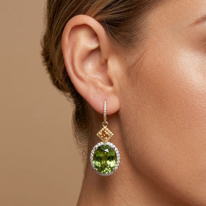 18K 20.41ct Oval Green Paraiba 1.63cttw Asscher Cut Mandarin Garnet 1.14cttw Yellow & White Diamonds Drop Earrings