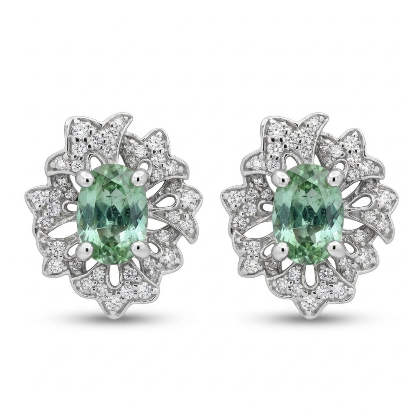 14K 1.55cttw Oval Green Paraiba 0.40cttw VS White Diamonds Stud Earrings