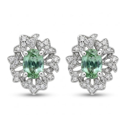 14K 1.55cttw Oval Green Paraiba 0.40cttw VS White Diamonds Stud Earrings