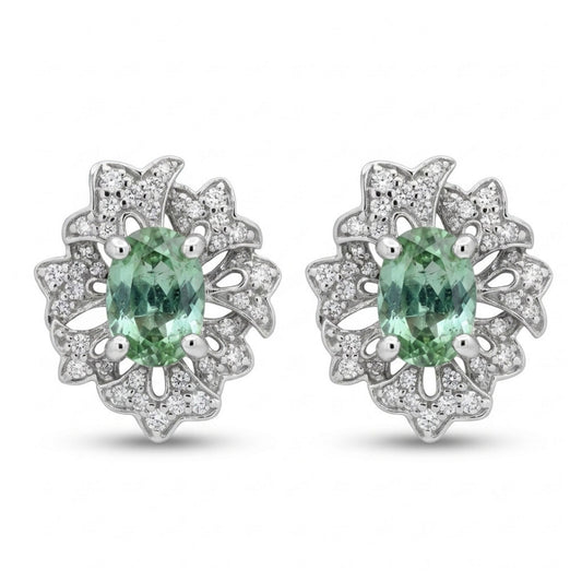14K 1.55cttw Oval Green Paraiba 0.40cttw VS White Diamonds Stud Earrings