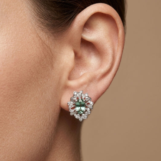 14K 1.55cttw Oval Green Paraiba 0.40cttw VS White Diamonds Stud Earrings