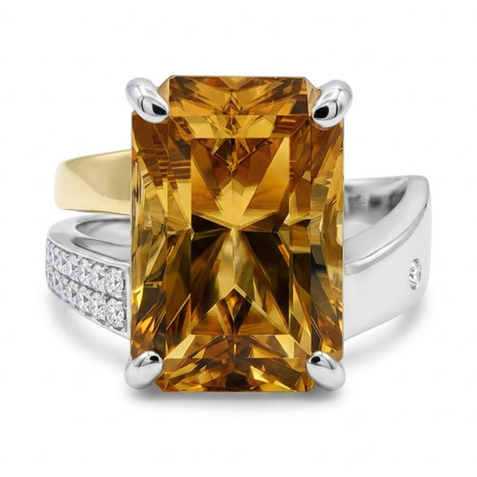 14K 10.21ct Radiant Golden Zircon 0.13cttw VS White Diamonds Ring