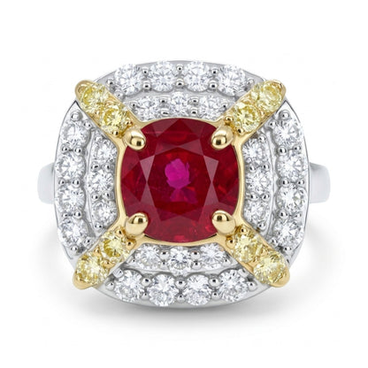 14K 1.42ct Cushion Burma Ruby 0.87cttw VS Yellow & White Diamonds Ring