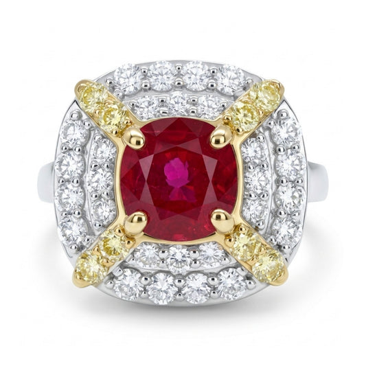 14K 1.42ct Cushion Burma Ruby 0.87cttw VS Yellow & White Diamonds Ring