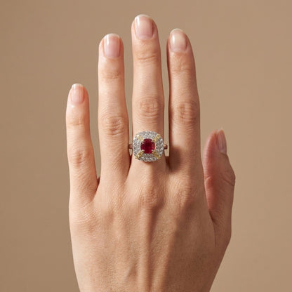 14K 1.42ct Cushion Burma Ruby 0.87cttw VS Yellow & White Diamonds Ring