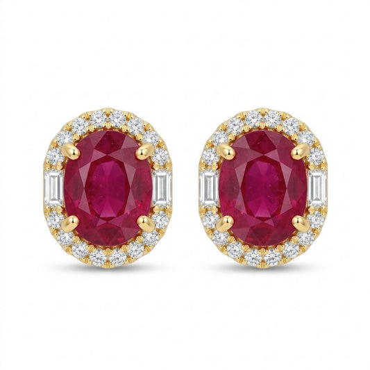 18K 3.38cttw Oval Burma Ruby 0.50cttw VS White Diamonds Stud Earrings