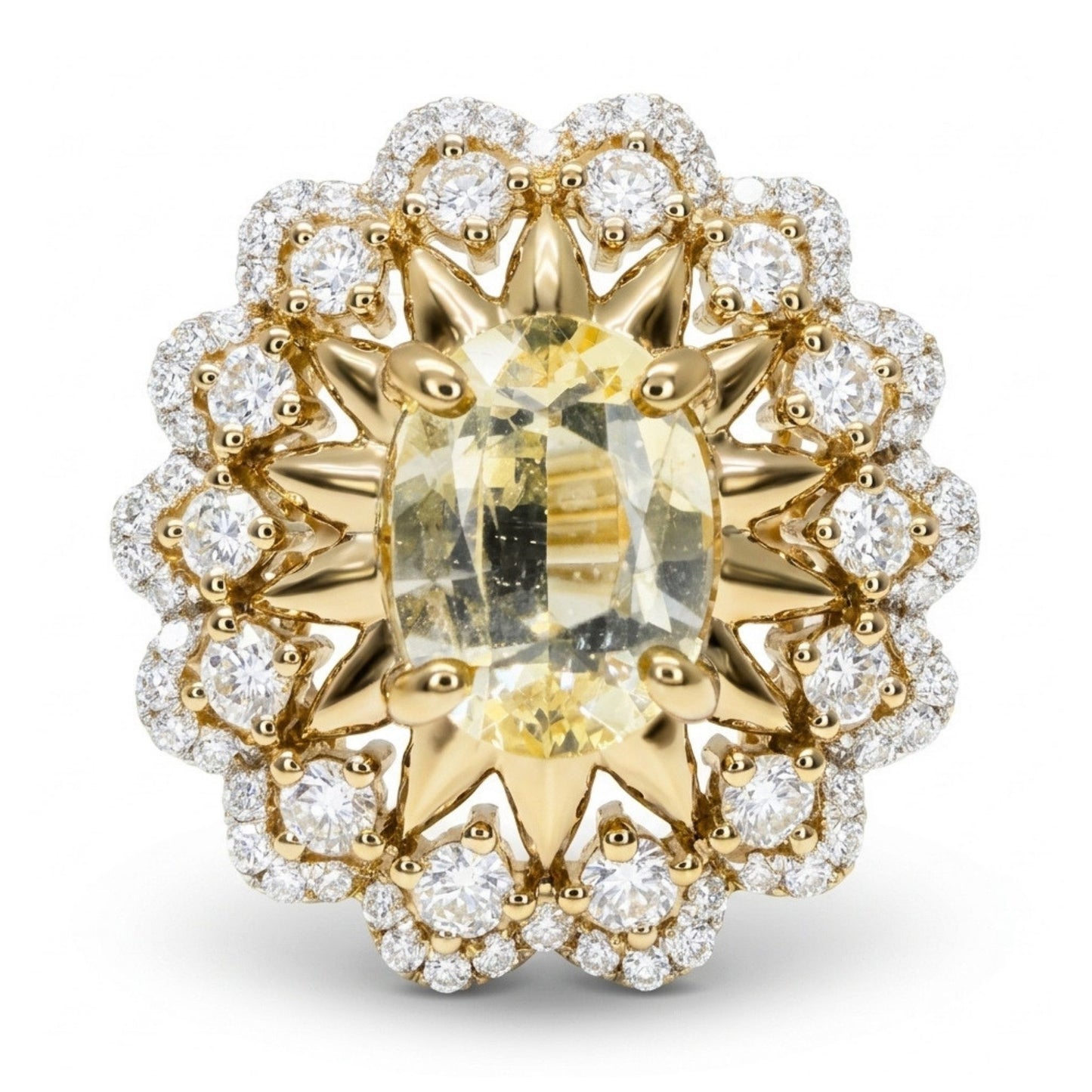 14K 2.50ct Oval Unheated Yellow Sapphire 0.77cttw VS White Diamonds Ring