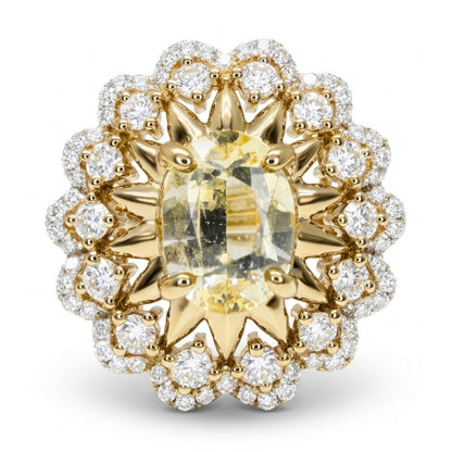 14K 2.50ct Oval Unheated Yellow Sapphire 0.77cttw VS White Diamonds Ring