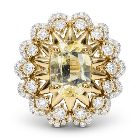 14K 2.50ct Oval Unheated Yellow Sapphire 0.77cttw VS White Diamonds Ring