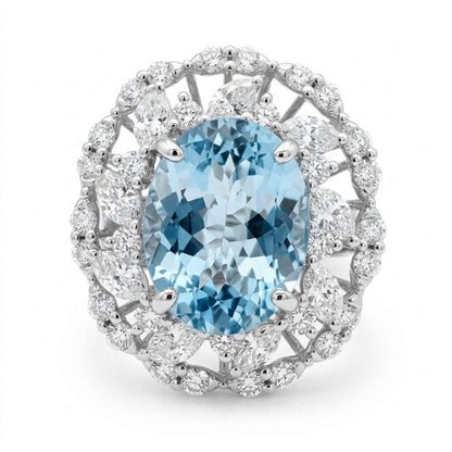 14K 4.10ct Oval Santa Maria Aquamarine 1.78cttw VS White Diamonds Ring