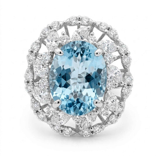 14K 4.10ct Oval Santa Maria Aquamarine 1.78cttw VS White Diamonds Ring