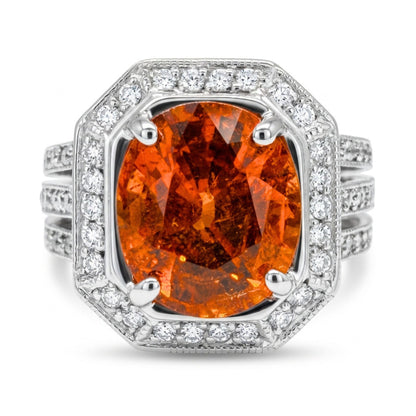 14K 3.85ct Oval Mandarin Garnet 1.36cttw VS White Diamonds Ring