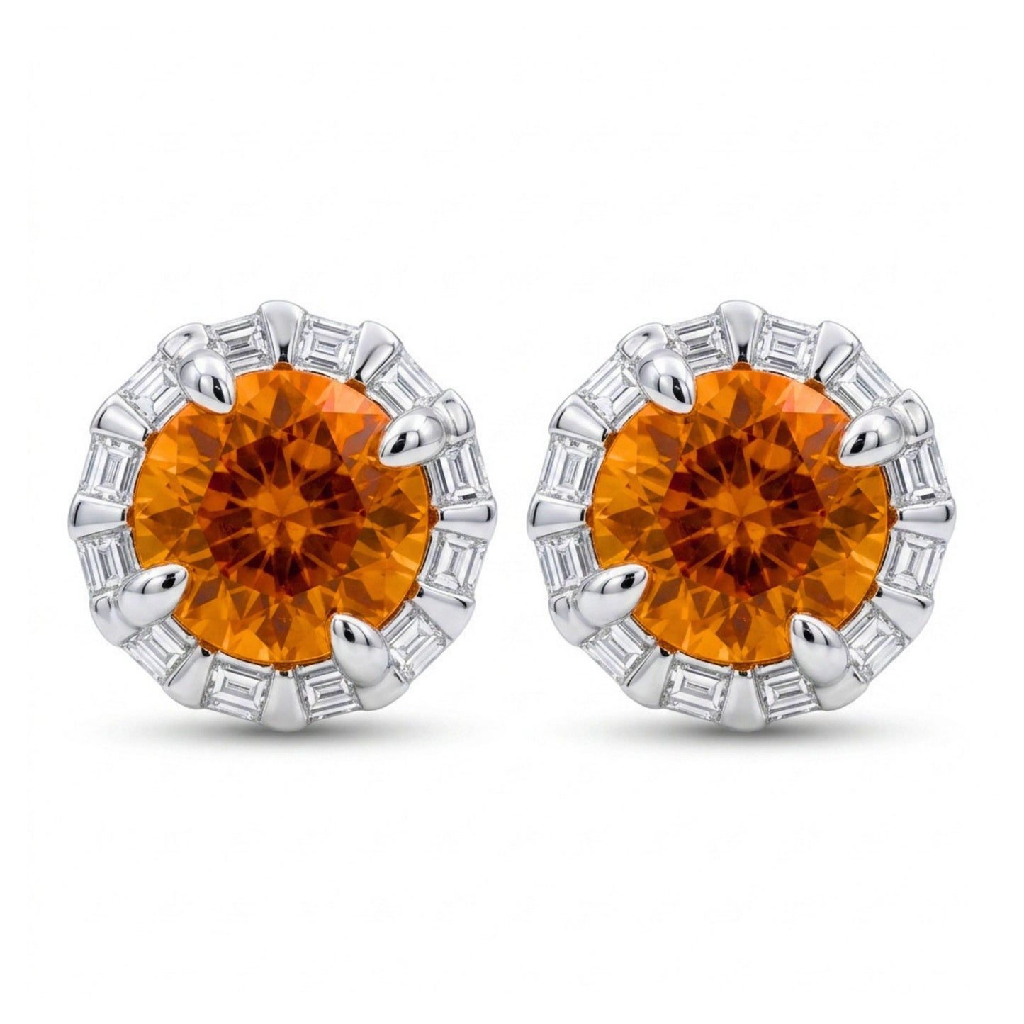18K 3.44cttw Round Mandarin Garnet 0.37cttw VS White Diamonds Stud Earrings