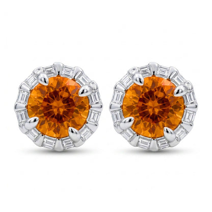18K 3.44cttw Round Mandarin Garnet 0.37cttw VS White Diamonds Stud Earrings