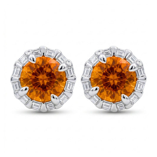 18K 3.44cttw Round Mandarin Garnet 0.37cttw VS White Diamonds Stud Earrings