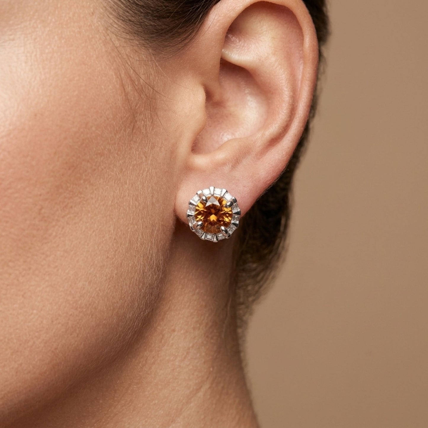 18K 3.44cttw Round Mandarin Garnet 0.37cttw VS White Diamonds Stud Earrings
