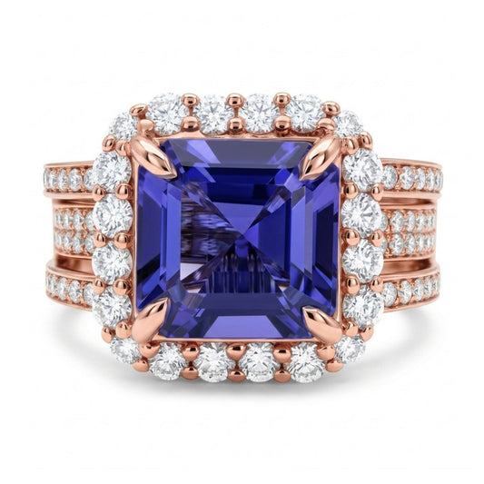 14K 2.60ct Asscher Cut Blue Wing Tanzanite 0.91cttw VS White Diamonds Ring