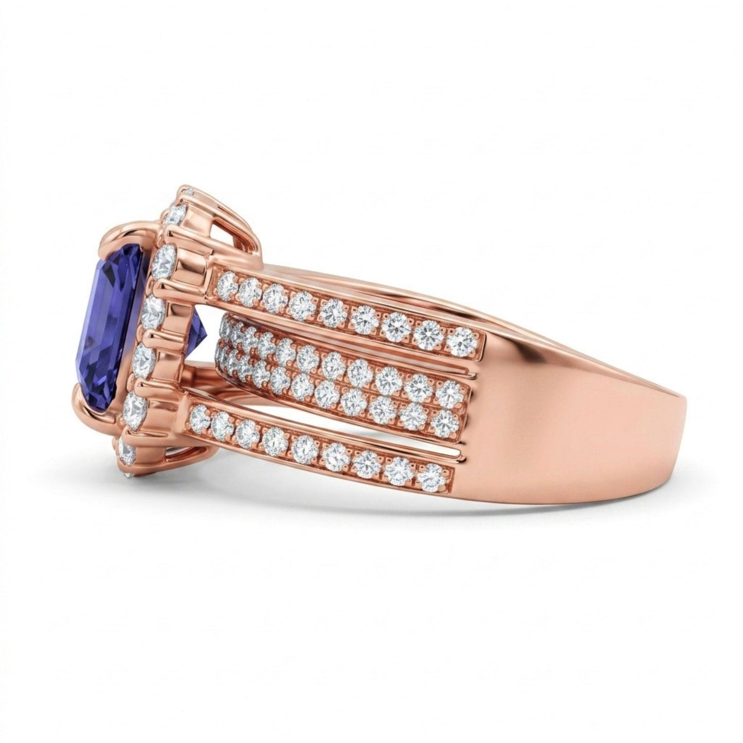 14K 2.60ct Asscher Cut Blue Wing Tanzanite 0.91cttw VS White Diamonds Ring