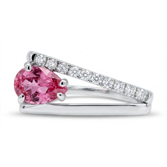 14K 0.96ct Pear Shape Mahenge Pink Spinel 0.15cttw VS White Diamonds Ring