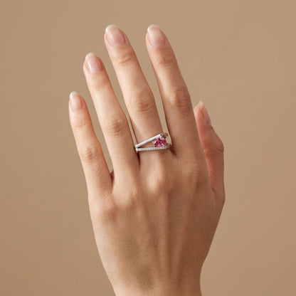 14K gold ring with pear shape Mahenge pink spinel and VS white diamonds