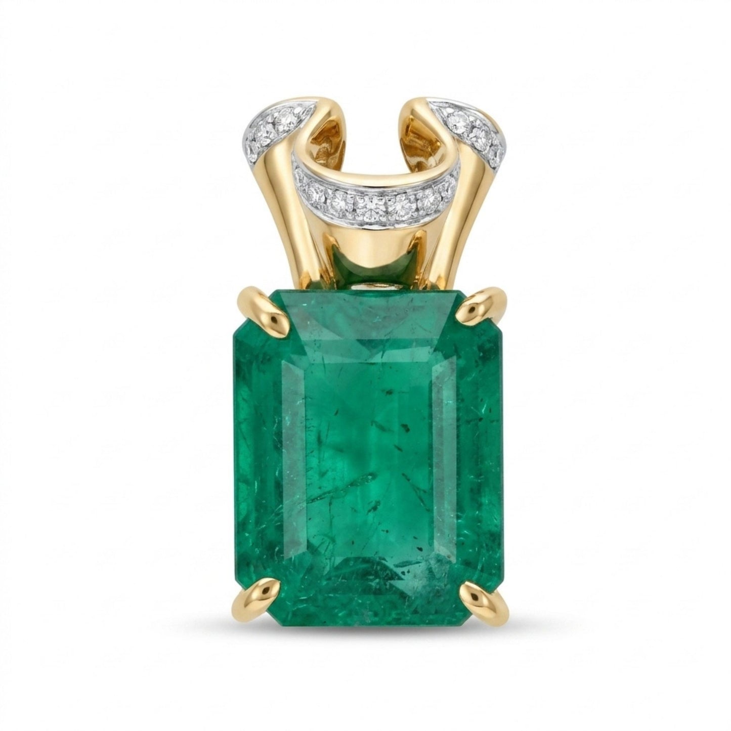 14K 5.63ct Cushion Zambian Emerald 0.08cttw VS White Diamonds Pendant