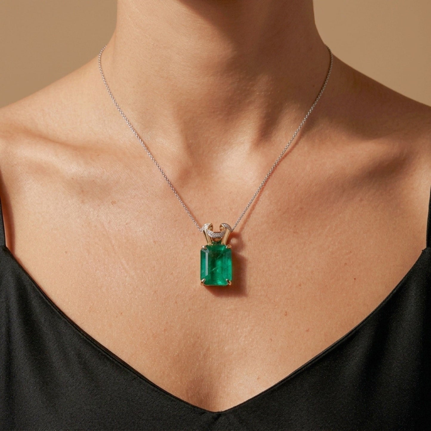 14K 5.63ct Cushion Zambian Emerald 0.08cttw VS White Diamonds Pendant