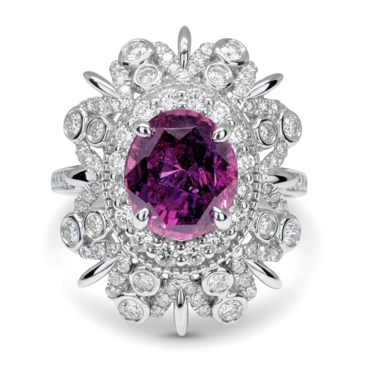 14K gold oval unheated purple sapphire ring with VS white diamonds