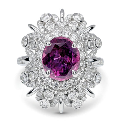 14K gold oval unheated purple sapphire ring with VS white diamonds