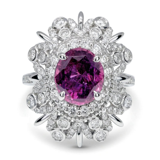 14K gold oval unheated purple sapphire ring with VS white diamonds
