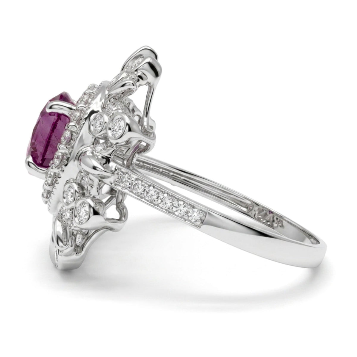 14K gold oval unheated purple sapphire ring with VS white diamonds