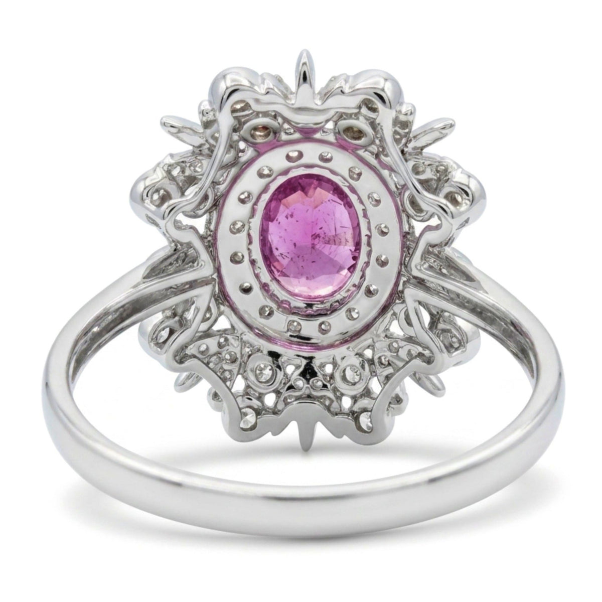 14K gold oval unheated purple sapphire ring with VS white diamonds