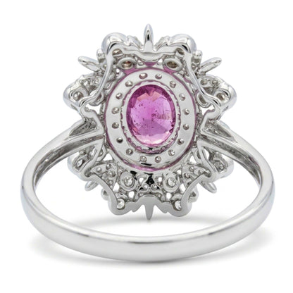 14K gold oval unheated purple sapphire ring with VS white diamonds